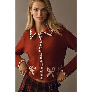 NVLT Whipstitch Bow Knit Button Front Lady Jacket Women's Size 1X Red